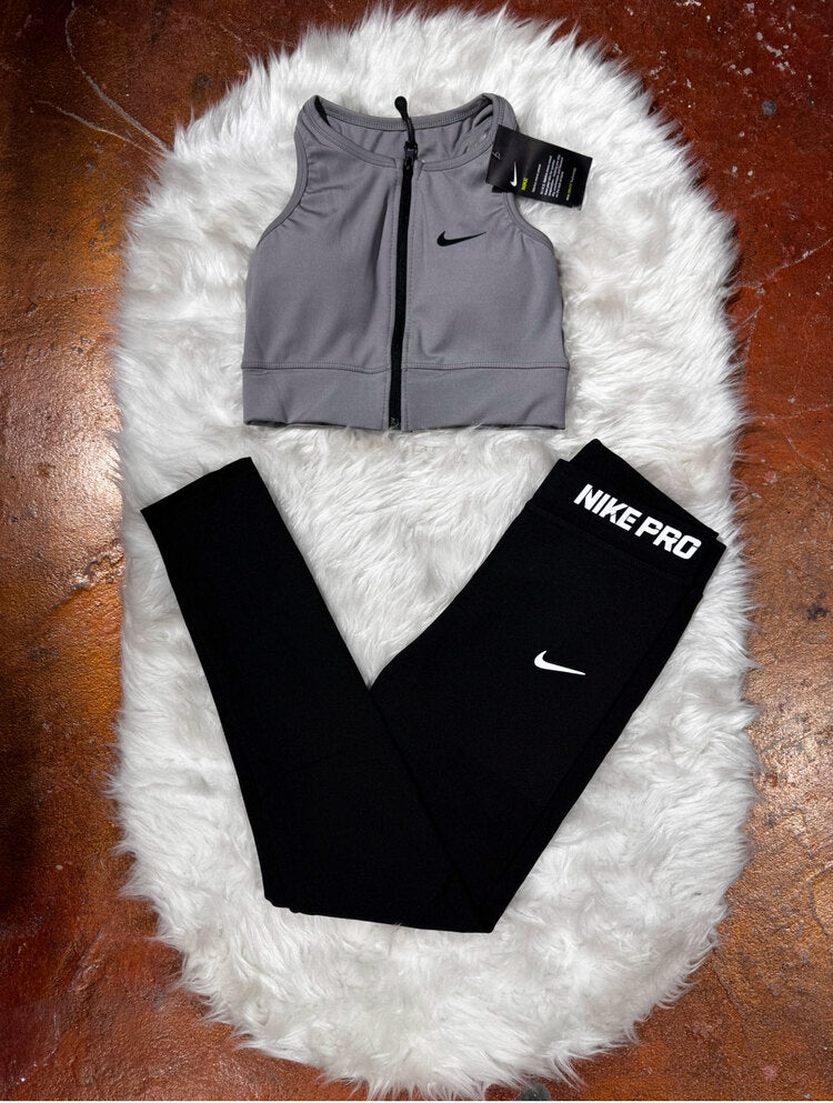 Gri Tam Fermuar Büstiyer Pro Tayt Takım