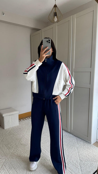 Tam Fermuarlı Şeritli Sweatshirt Palazzo Pantolon Takım