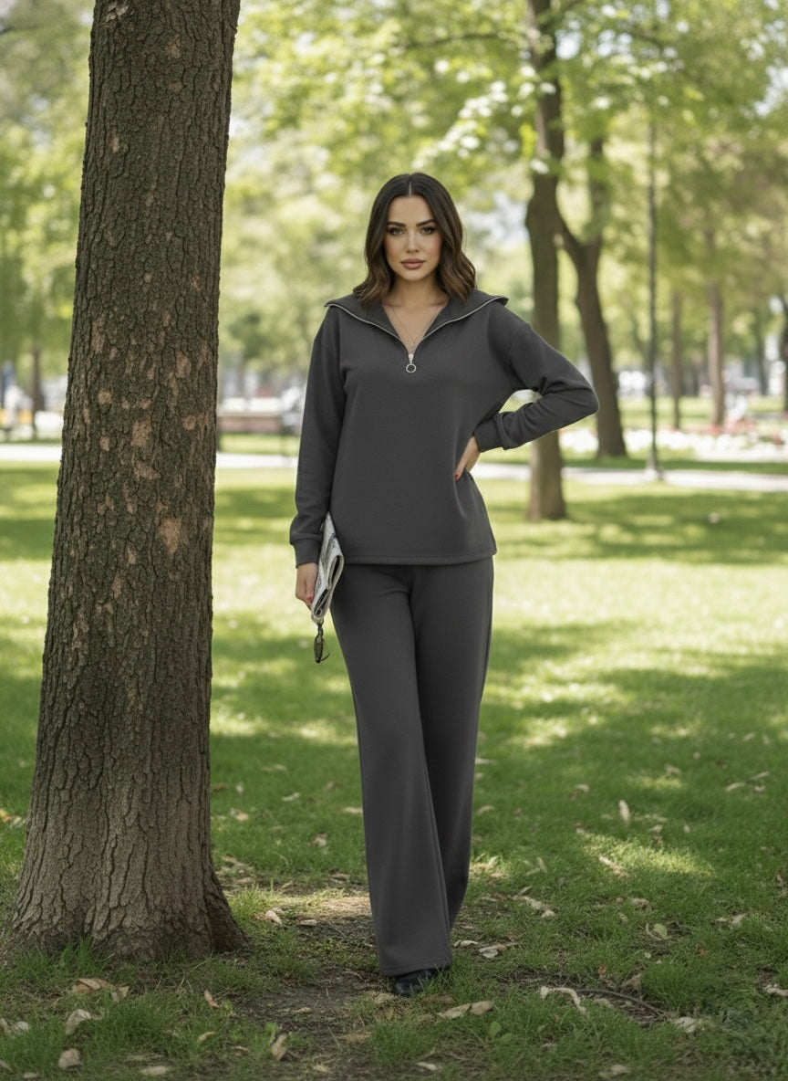 Premium Yarım Fermuarlı Sweatshirt Palazzo Pantolon Takım