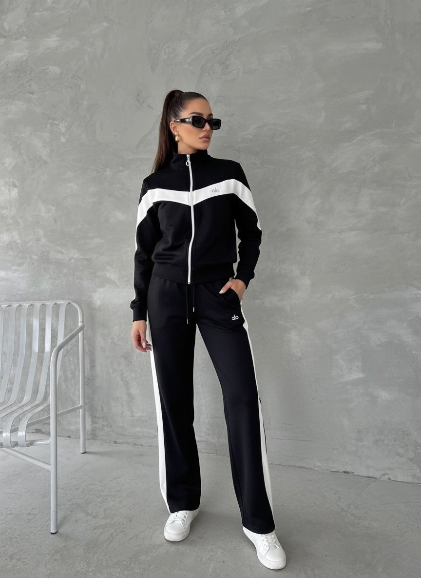 Premium Beyaz Şeritli Tam Fermuarlı Sweatshirt Palazzo Pantolon Takım