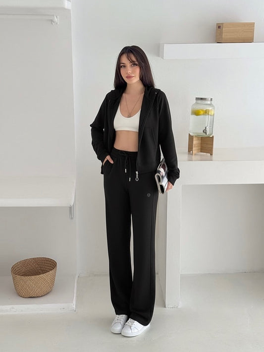 Kapüşonlu Tam Fermuarlı Sweatshirt Palazzo Pantolon Takım