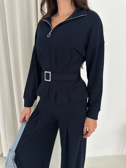 Kemerli Tam Fermuarlı Sweatshirt Palazzo Pantolon Takım
