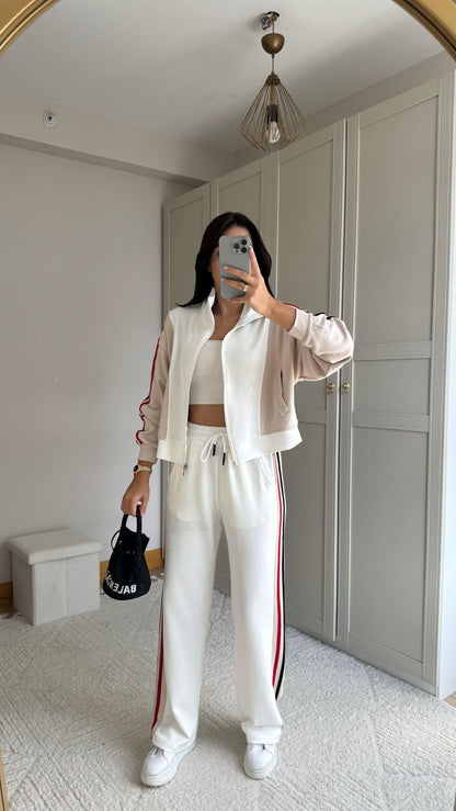 Tam Fermuarlı Şeritli Sweatshirt Palazzo Pantolon Takım