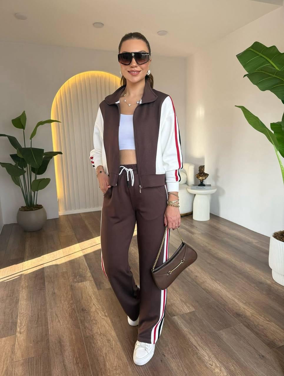 Tam Fermuarlı Şeritli Sweatshirt Palazzo Pantolon Takım