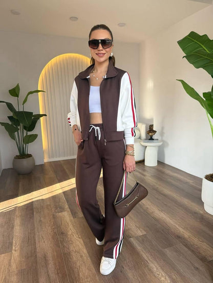 Tam Fermuarlı Şeritli Sweatshirt Palazzo Pantolon Takım