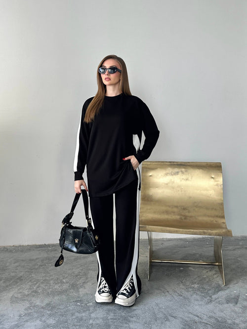 Beyaz Şeritli Siyah Sweatshirt Palazzo Pantolon Takım