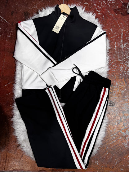 Tam Fermuarlı Şeritli Sweatshirt Palazzo Pantolon Takım