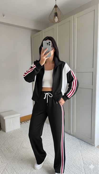Tam Fermuarlı Şeritli Sweatshirt Palazzo Pantolon Takım
