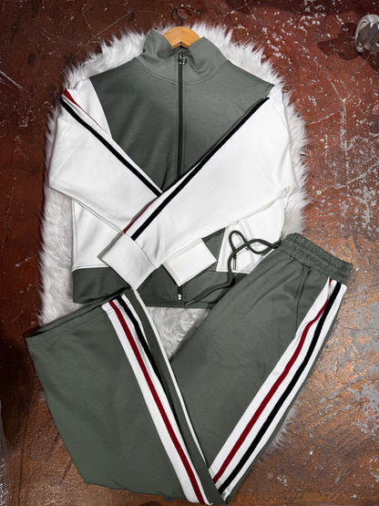 Tam Fermuarlı Şeritli Sweatshirt Palazzo Pantolon Takım