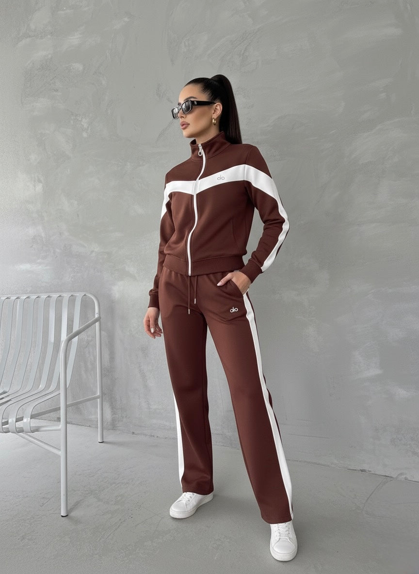 Premium Beyaz Şeritli Tam Fermuarlı Sweatshirt Palazzo Pantolon Takım