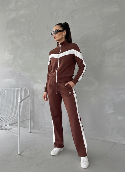 Premium Beyaz Şeritli Tam Fermuarlı Sweatshirt Palazzo Pantolon Takım