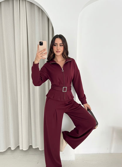 Kemerli Tam Fermuarlı Sweatshirt Palazzo Pantolon Takım