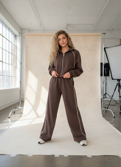 Biyeli Tam Fermuarlı Sweatshirt Palazzo Pantolon Takım