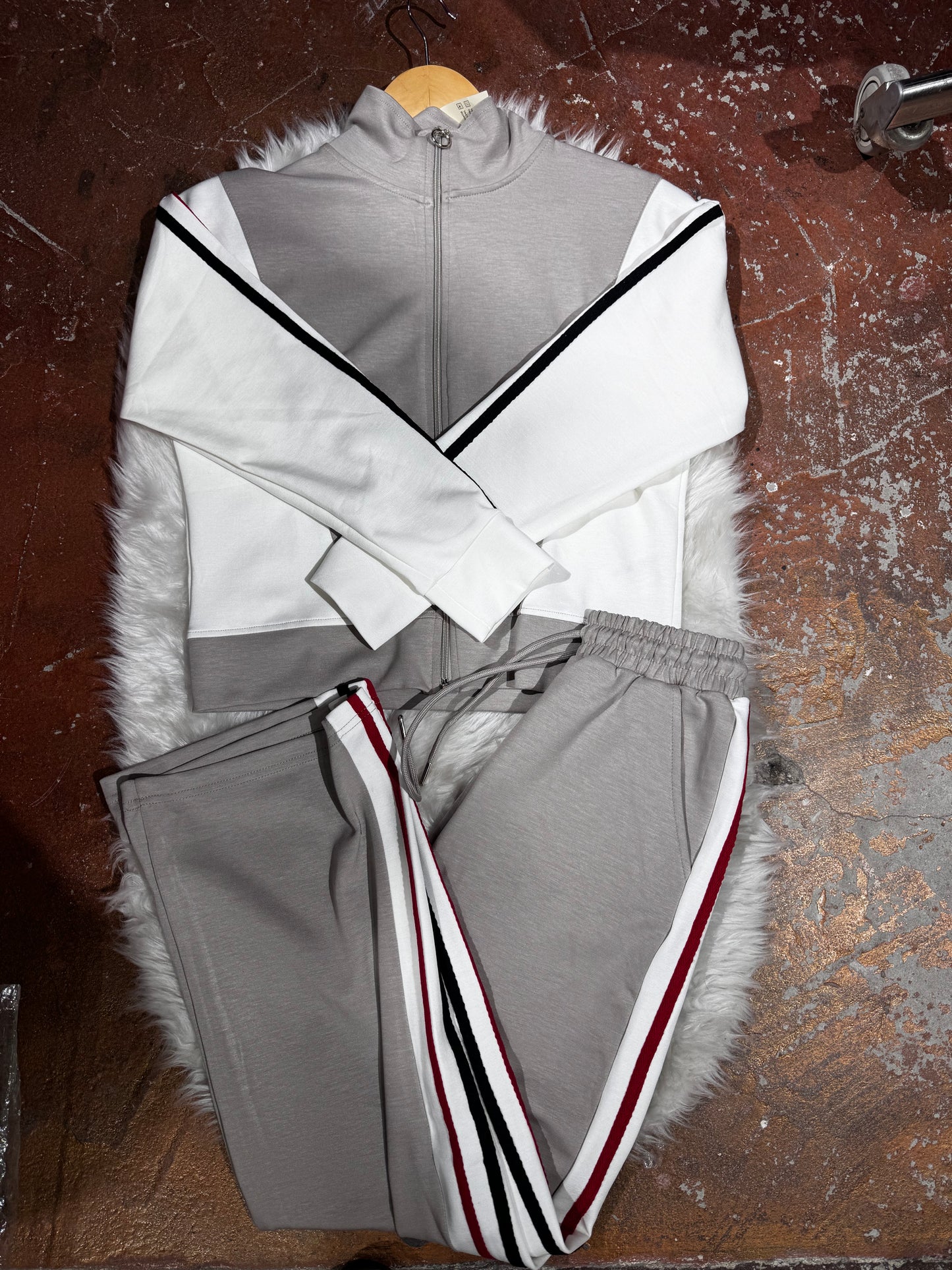 Tam Fermuarlı Şeritli Sweatshirt Palazzo Pantolon Takım