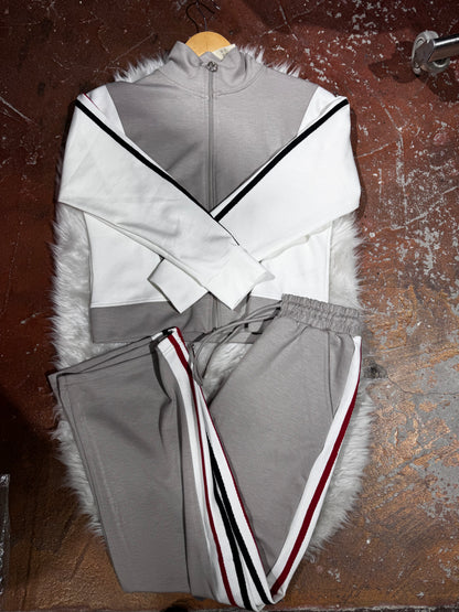 Tam Fermuarlı Şeritli Sweatshirt Palazzo Pantolon Takım
