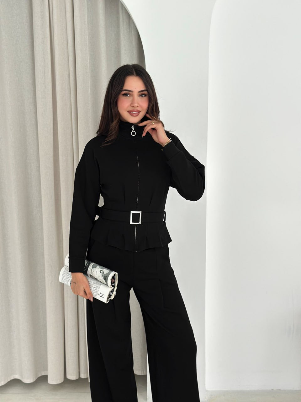 Kemerli Tam Fermuarlı Sweatshirt Palazzo Pantolon Takım