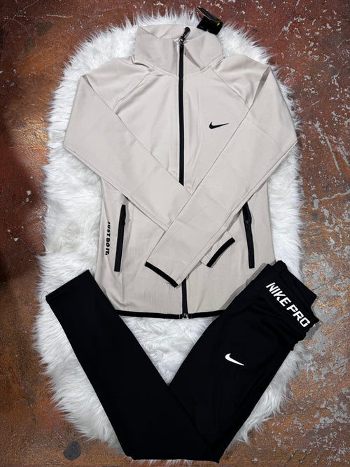 Bej Tam Fermuarlı Sweatshirt Tayt Takım