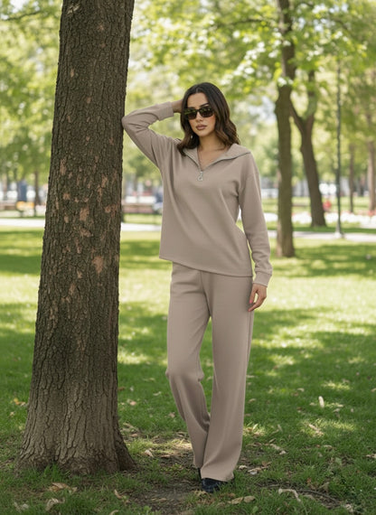 Premium Yarım Fermuarlı Sweatshirt Palazzo Pantolon Takım