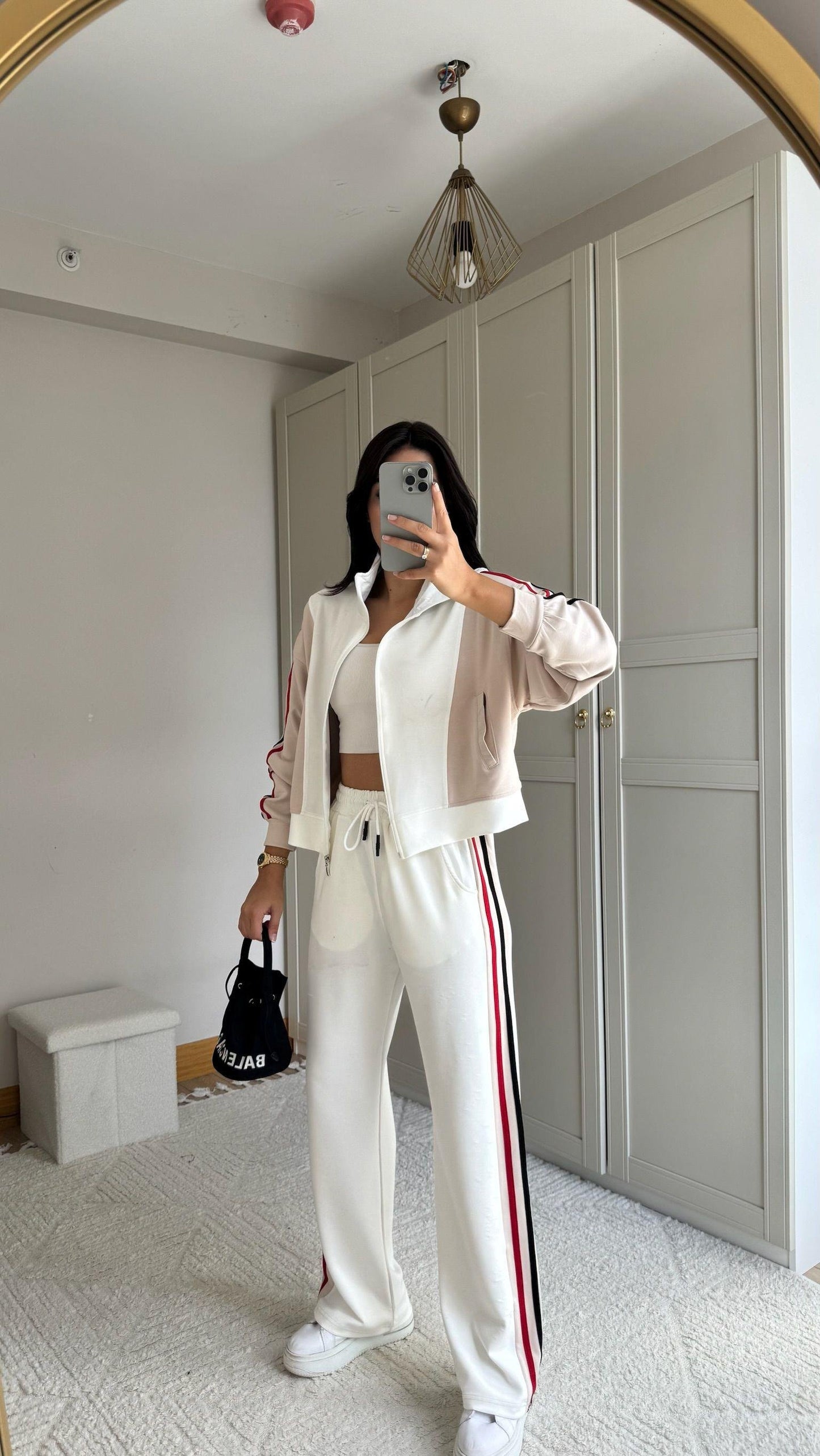 Tam Fermuarlı Şeritli Sweatshirt Palazzo Pantolon Takım
