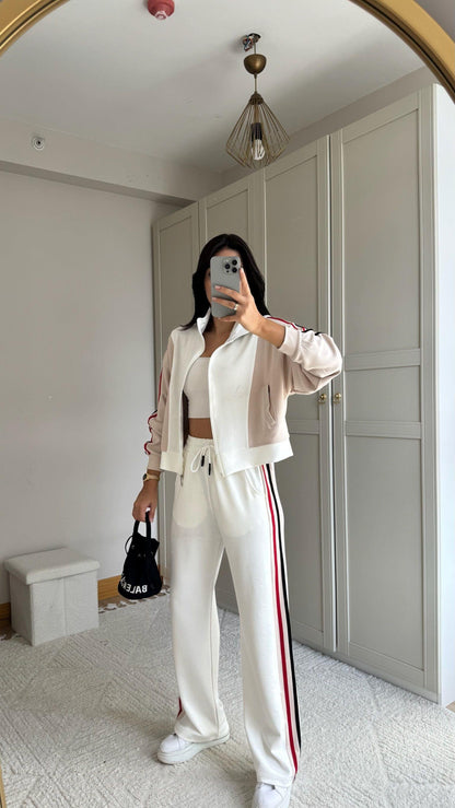 Tam Fermuarlı Şeritli Sweatshirt Palazzo Pantolon Takım