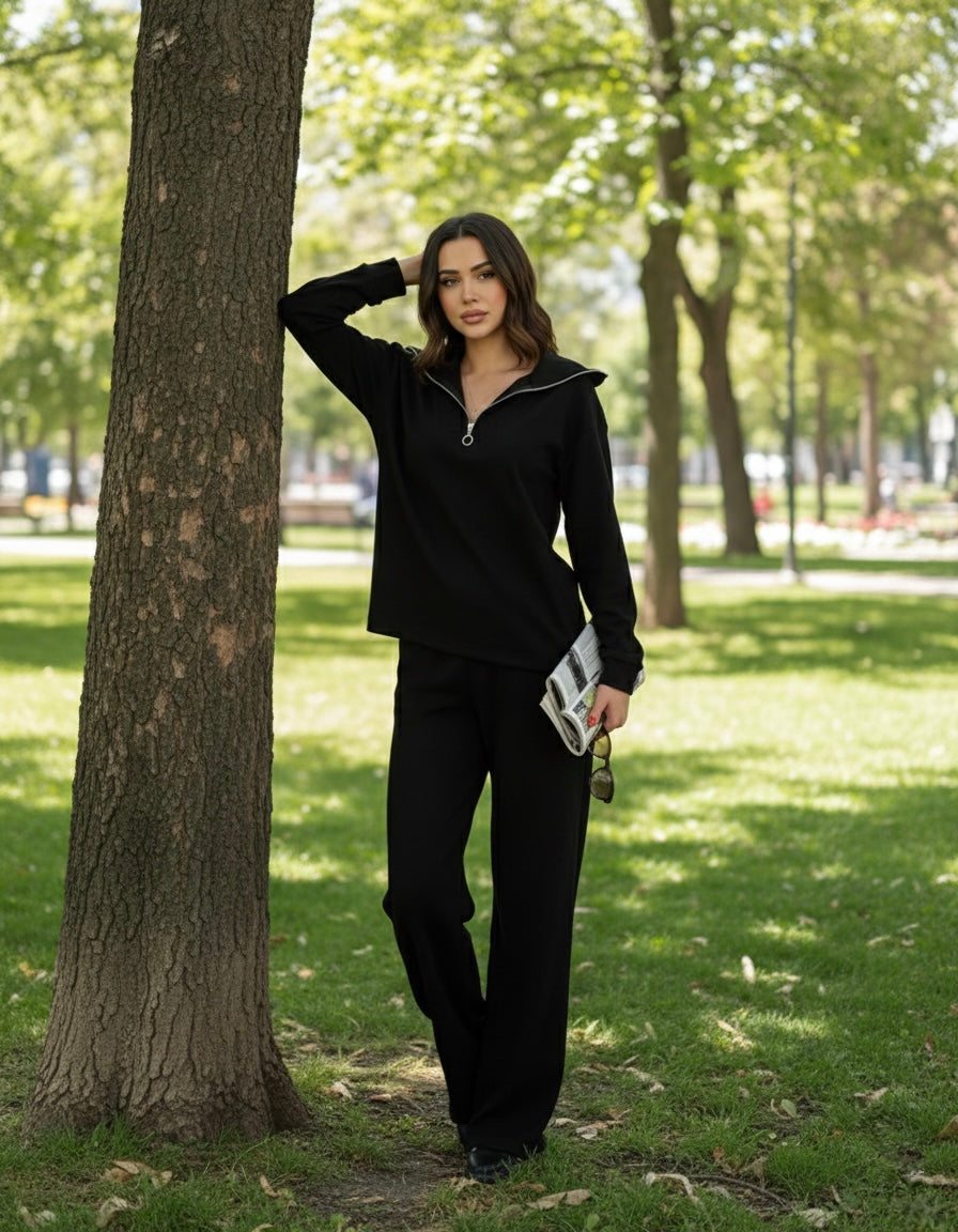 Premium Yarım Fermuarlı Sweatshirt Palazzo Pantolon Takım