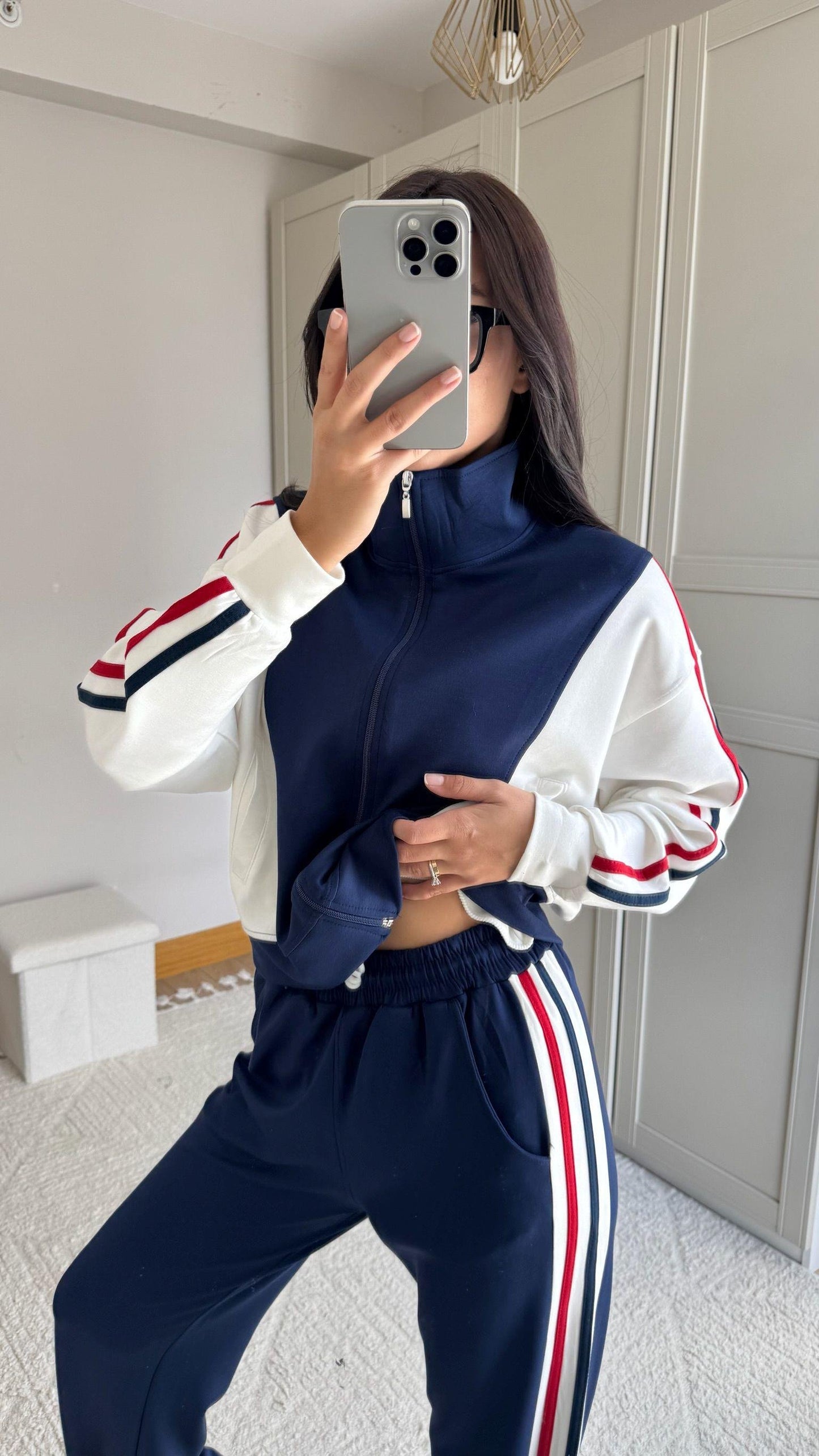 Tam Fermuarlı Şeritli Sweatshirt Palazzo Pantolon Takım
