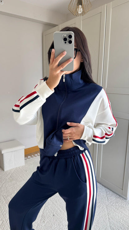 Tam Fermuarlı Şeritli Sweatshirt Palazzo Pantolon Takım