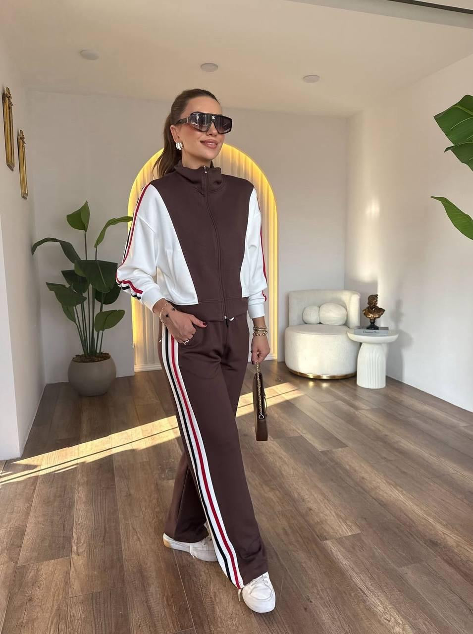 Tam Fermuarlı Şeritli Sweatshirt Palazzo Pantolon Takım