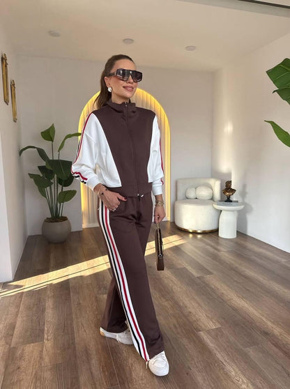 Tam Fermuarlı Şeritli Sweatshirt Palazzo Pantolon Takım