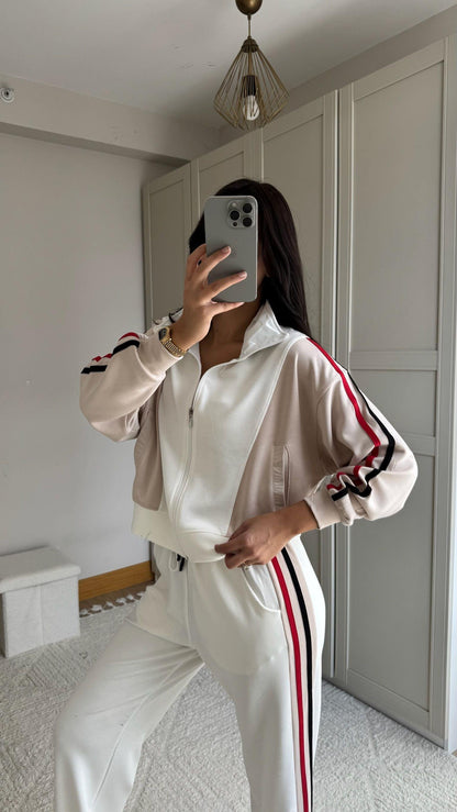 Tam Fermuarlı Şeritli Sweatshirt Palazzo Pantolon Takım