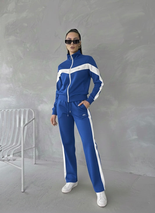 Premium Beyaz Şeritli Tam Fermuarlı Sweatshirt Palazzo Pantolon Takım
