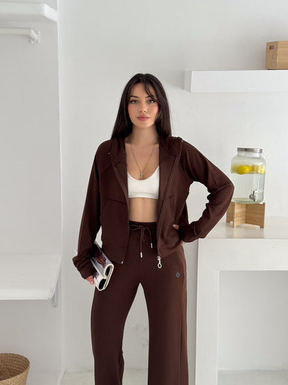 Kapüşonlu Tam Fermuarlı Sweatshirt Palazzo Pantolon Takım
