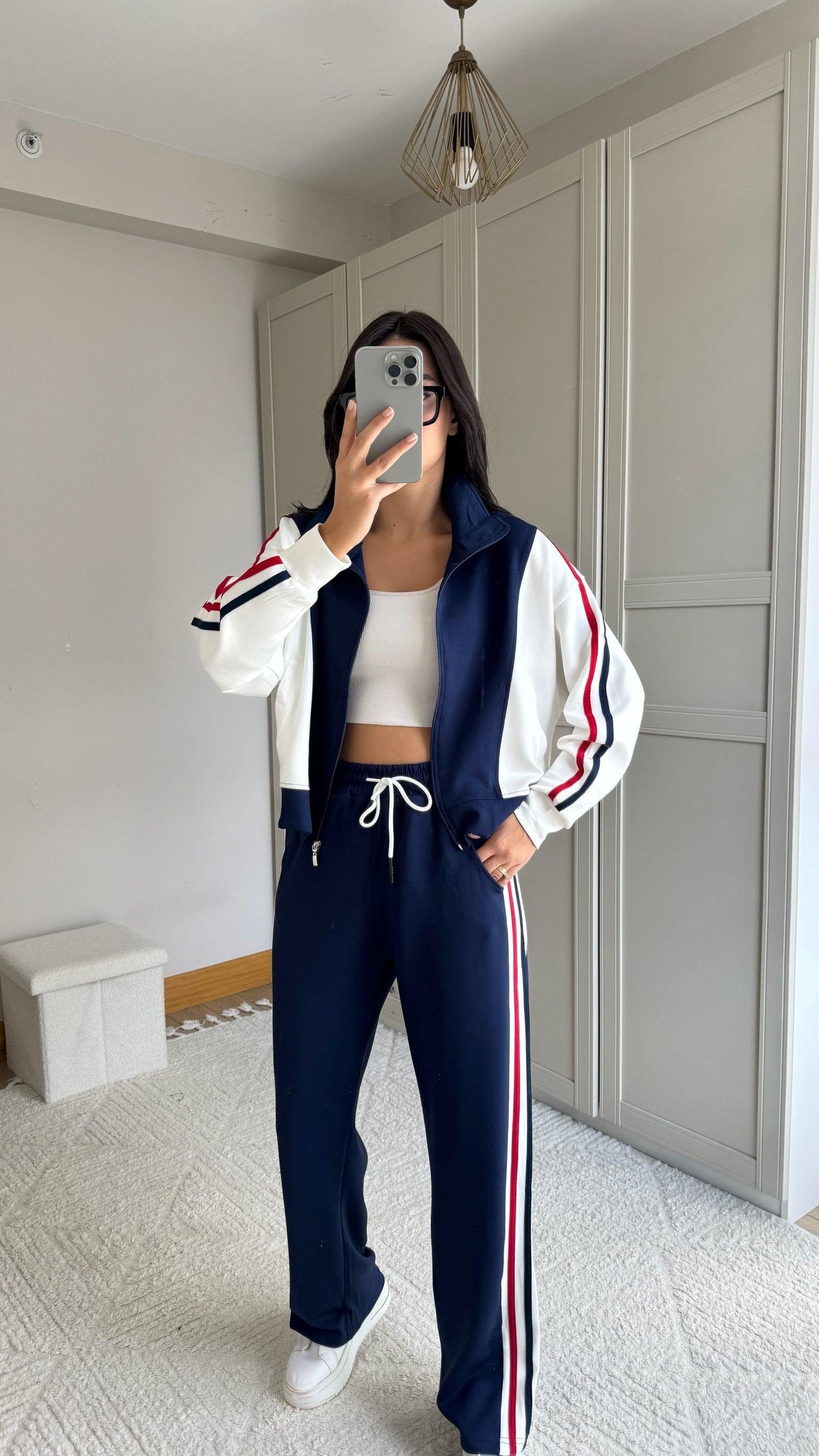 Tam Fermuarlı Şeritli Sweatshirt Palazzo Pantolon Takım